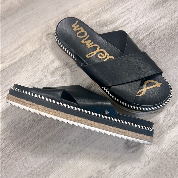 Sam Edelman Women’s Leyton Black Leather Platform Slide Espadrille Sandals / 7 - Picture 1 of 7